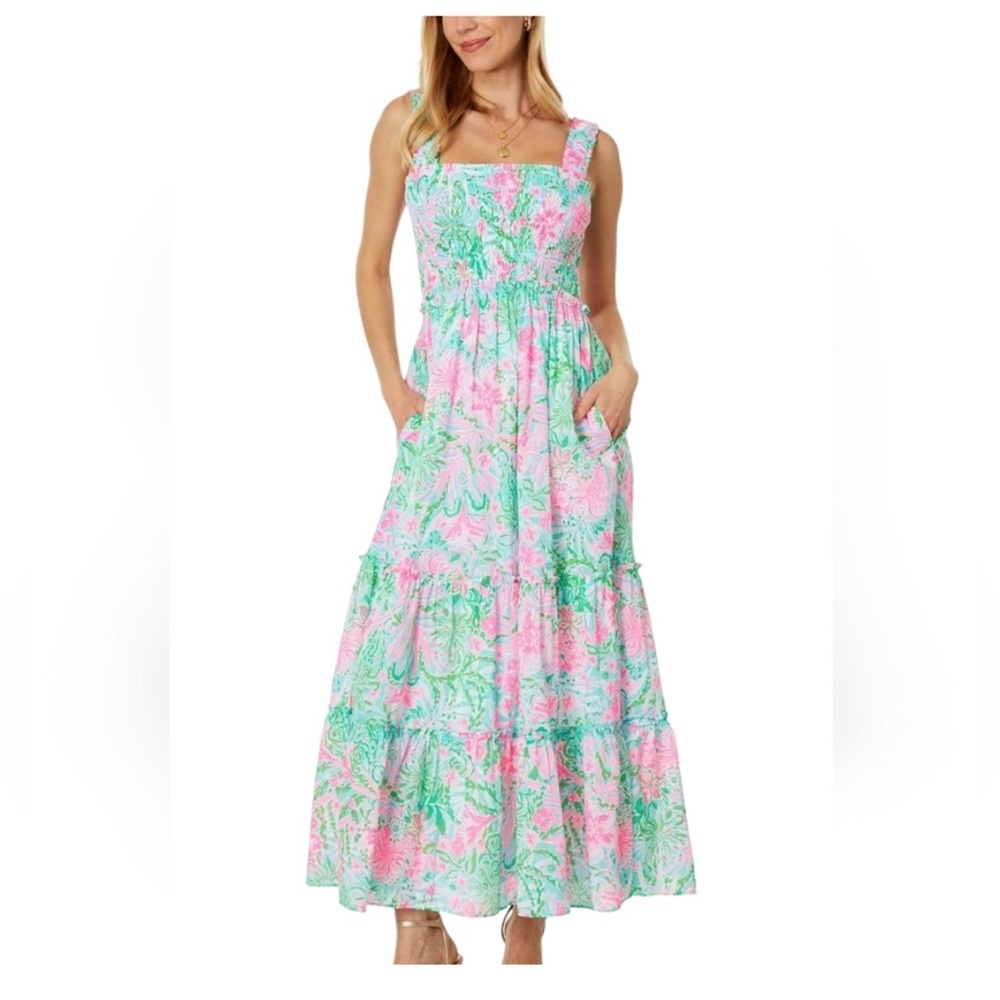 New Lilly Pulitzer Hardly Smocked Cotton Maxi Amalfi Blue Leaf It Wild Size XS - Picture 1 of 6